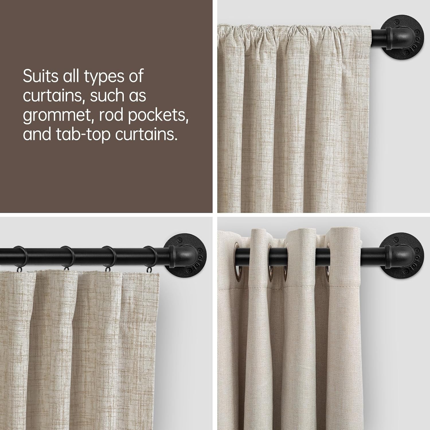 Rustic Black Curtain Rod, Includes Installation Accessories and Instructions