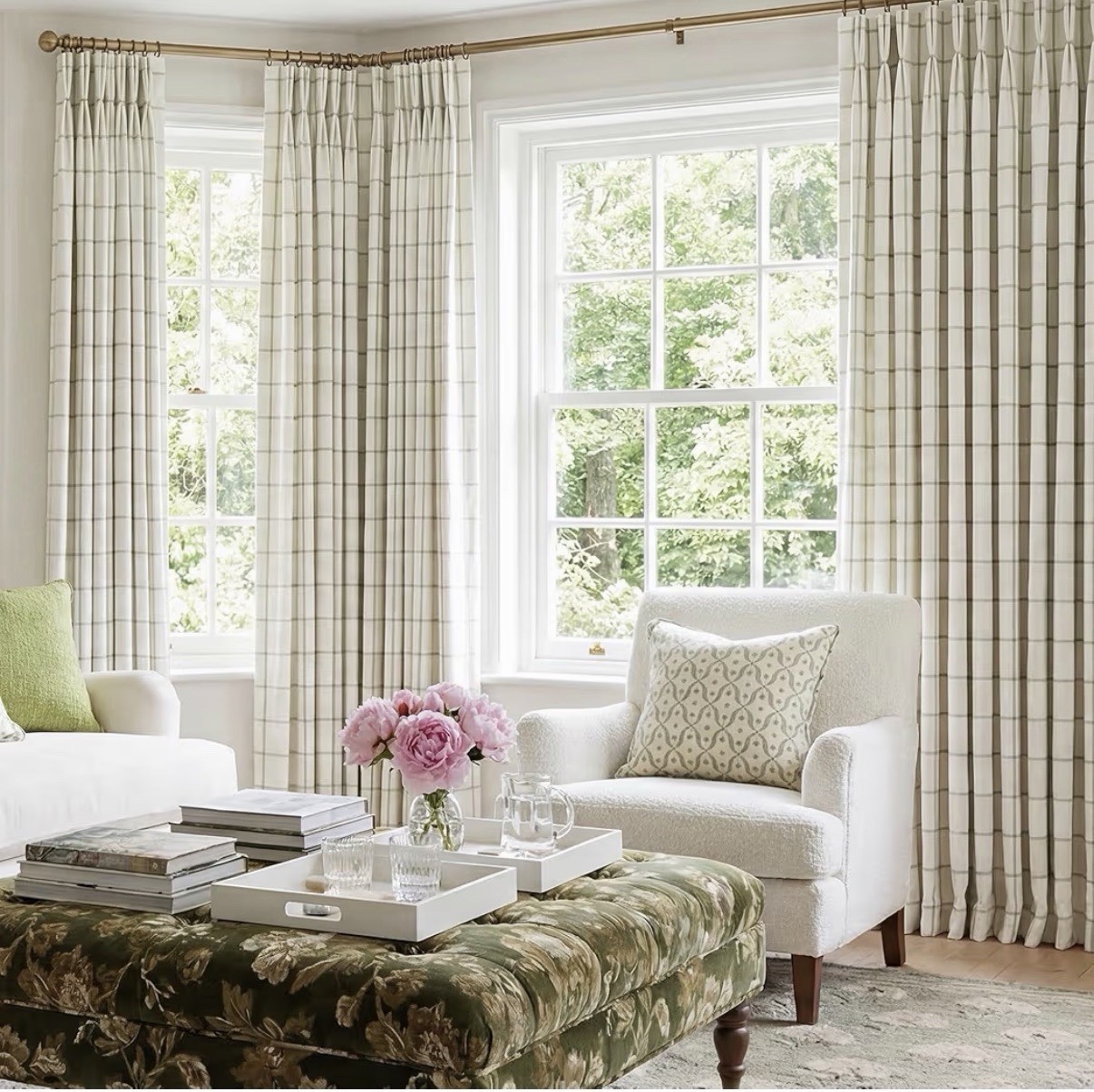 Pinch Pleated Plaid Curtains Blackout Linen Gingham Green Curtains Checkered102”