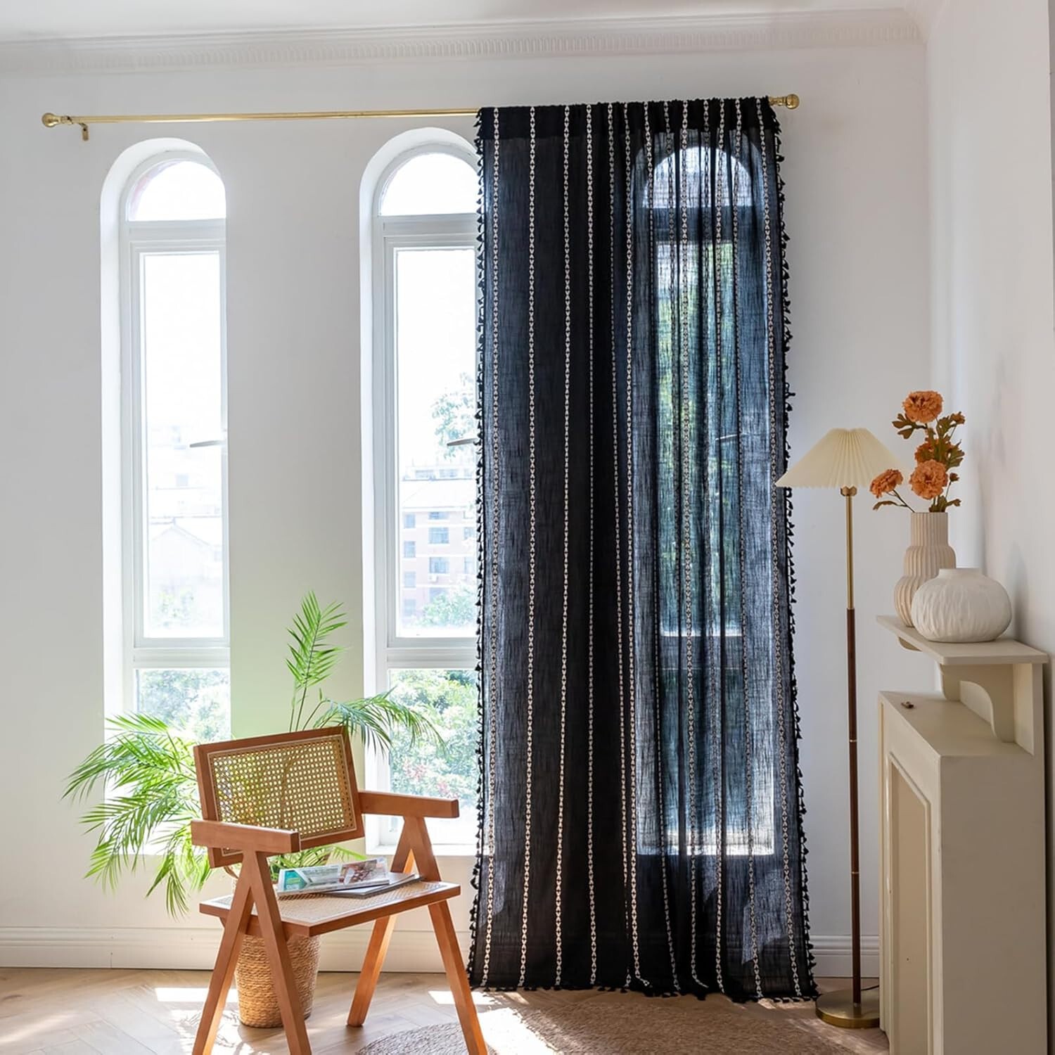 Rustic Striped Embroidered Curtain Window Drapes Panel Farmhouse Boho Home Decor