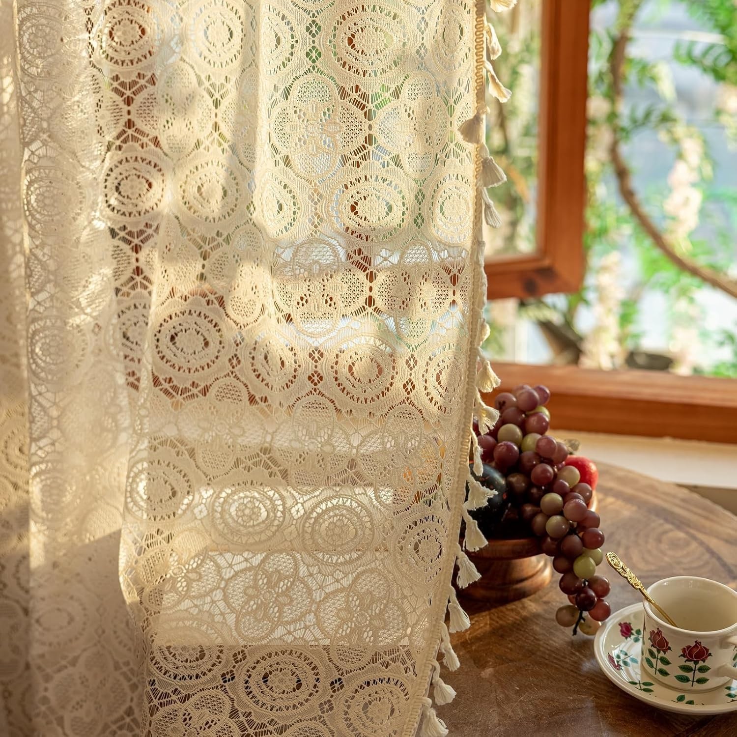 Boho Lace Curtains 90 inches Long 2 Panels -Vintage Floral Crochet Sheer Pane…