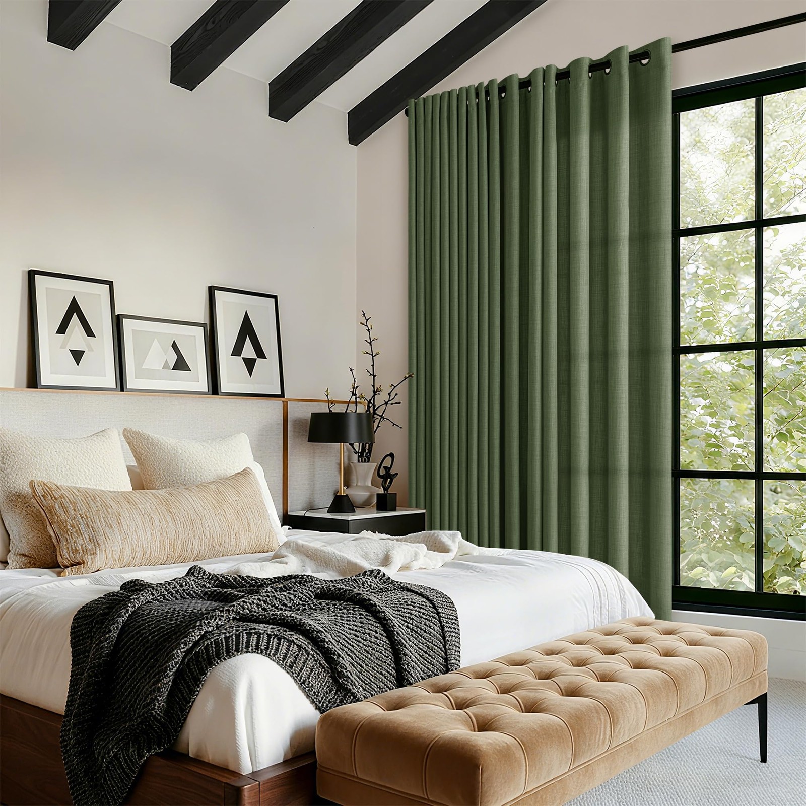 DUKIYO Dark Olive Green Curtains 84 Inch Length 2 Panels Set Linen Flax Semi …