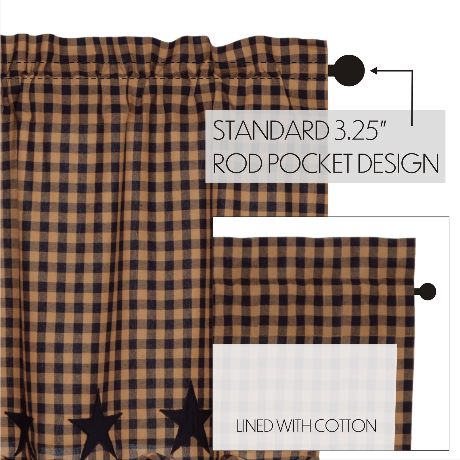 VHC Brands Primitive Swag Pair Blue Rod Pocket Appliqued Kitchen Window Curtains
