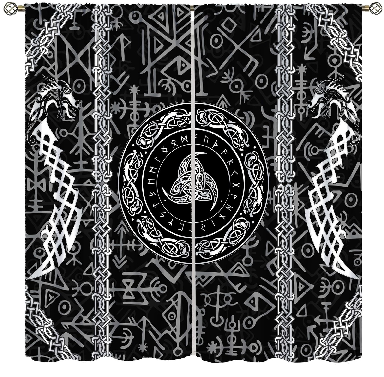 Viking Art Curtains for Bedroom,Raven Ancient Rune Dragon Totem Norse Mytholo