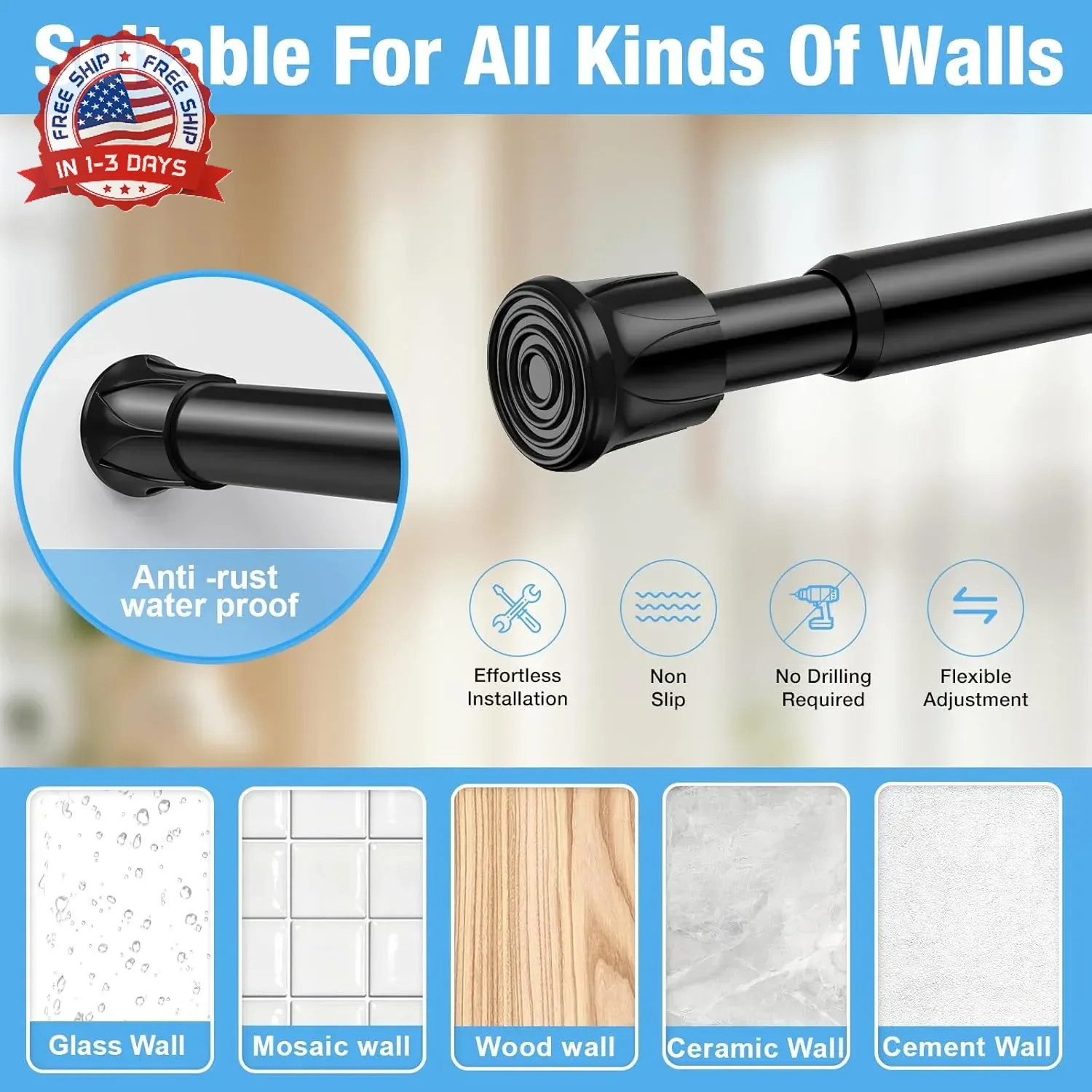 2 Pack Spring Tension Rods 28-48 Inches,5/8″ Diameter Black Spring Load Adjustab