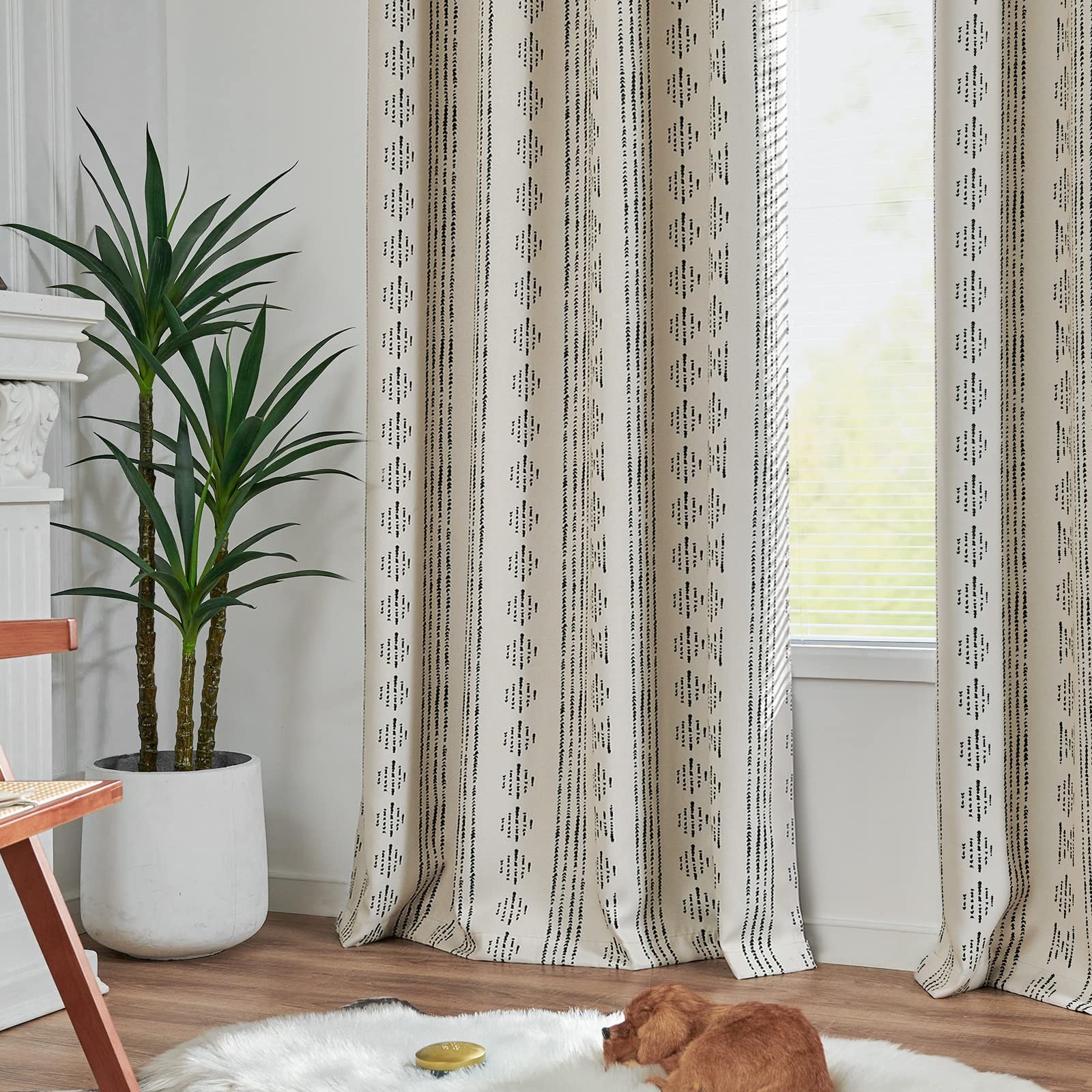 jinchan Black on Beige Geometric Boho Curtain 84 Inches Long 1 Panel
