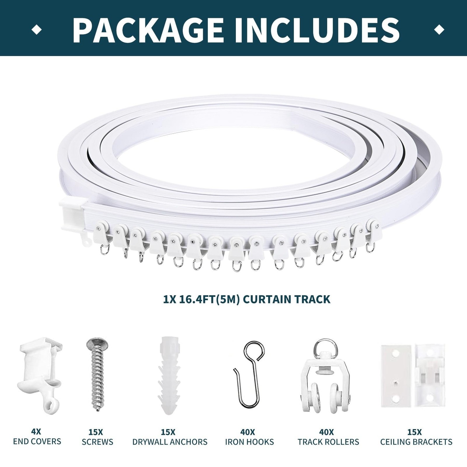 Flexible Bendable 16.4ft (5m) Curved Ceiling Mount Curtain Track, PVC White M…