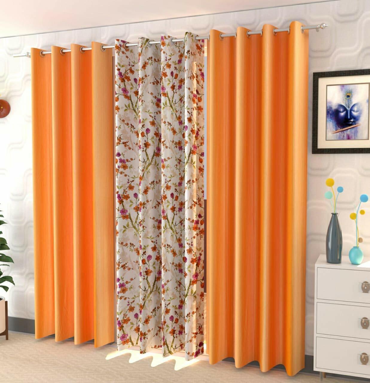 3 Piece Orange Floral Darking Ringtop Eyelet Door Window Curtains Set 5 7 9 Feet