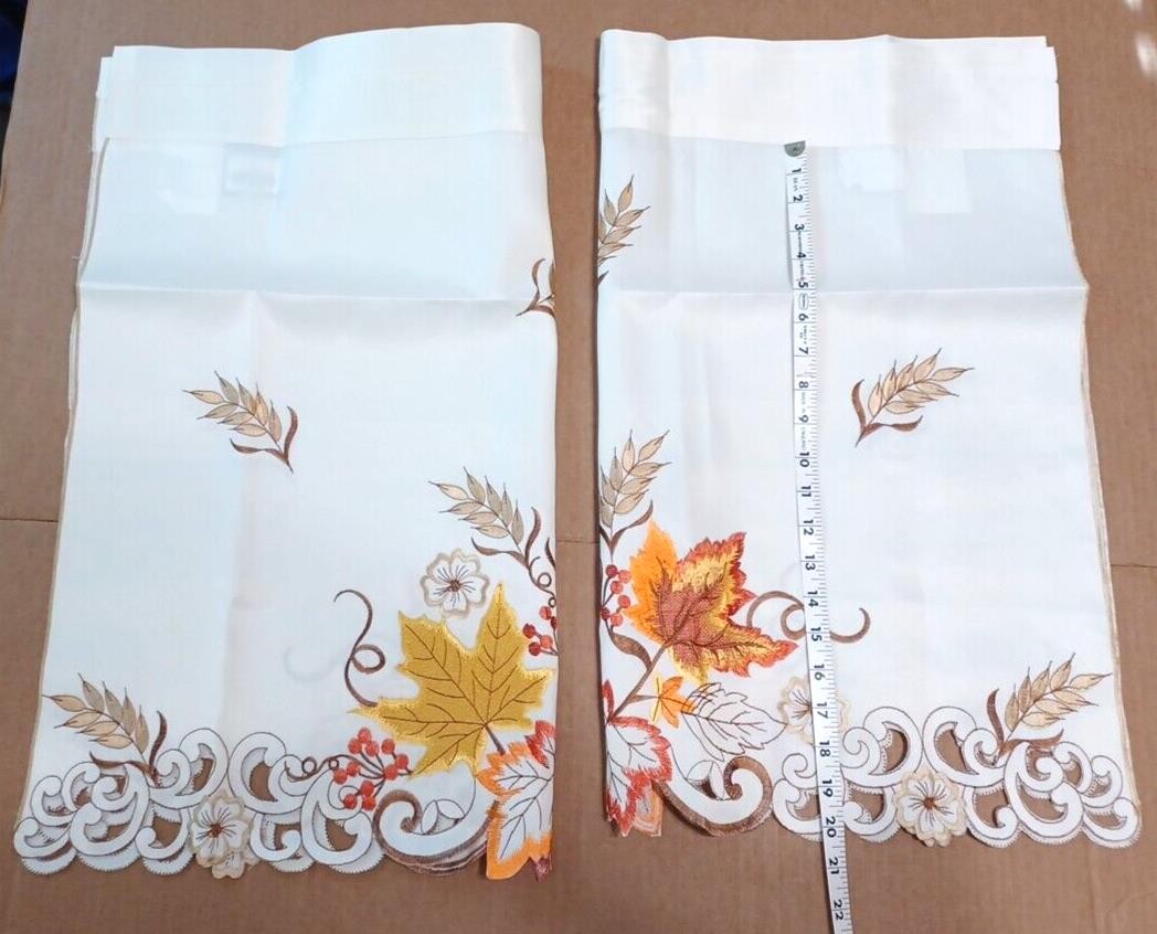 Autumn Fall Leaf Cafe Tier 2 Curtains 24″Length Pair Scallop Embroider Set