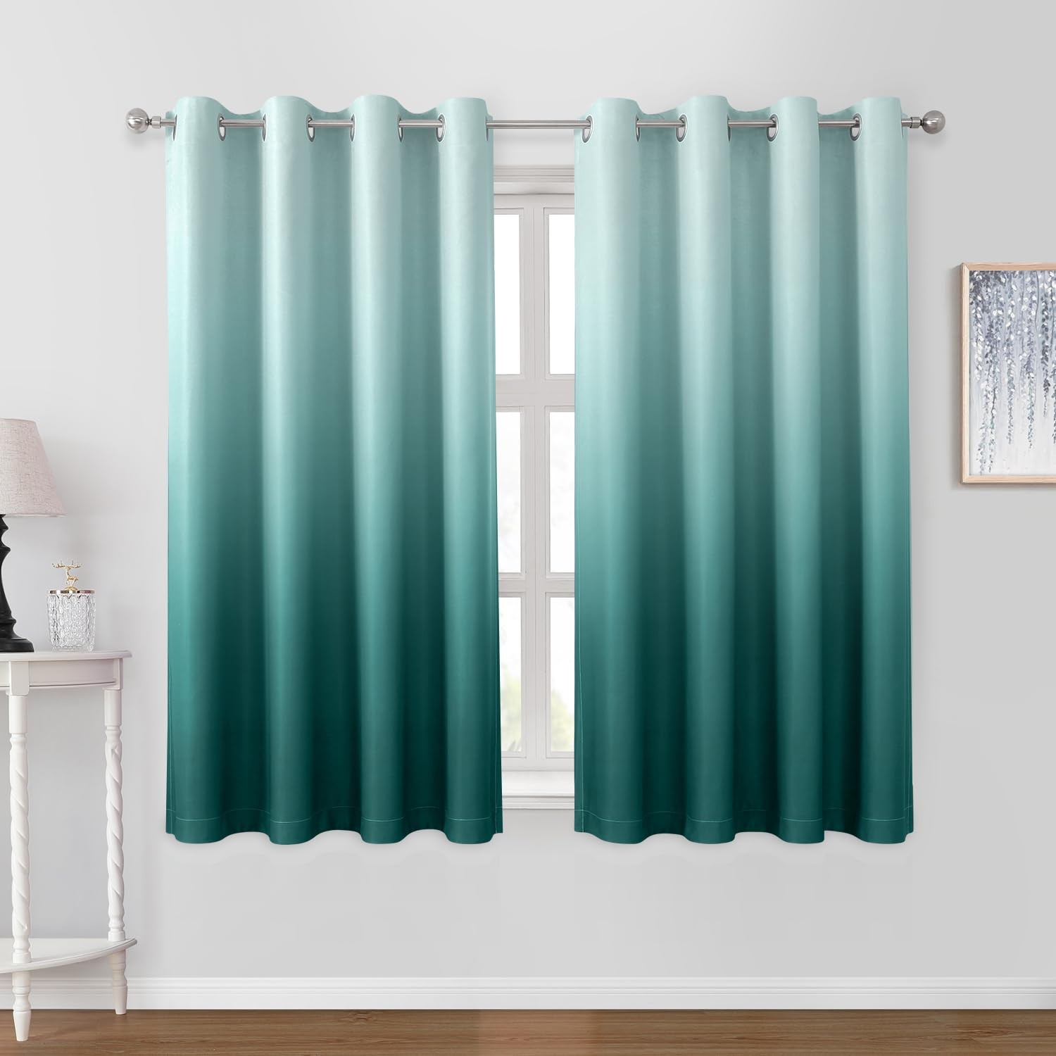 Homeideas Teal Ombre Blackout Curtains 52 X 63 Inch Length Gradient Room
