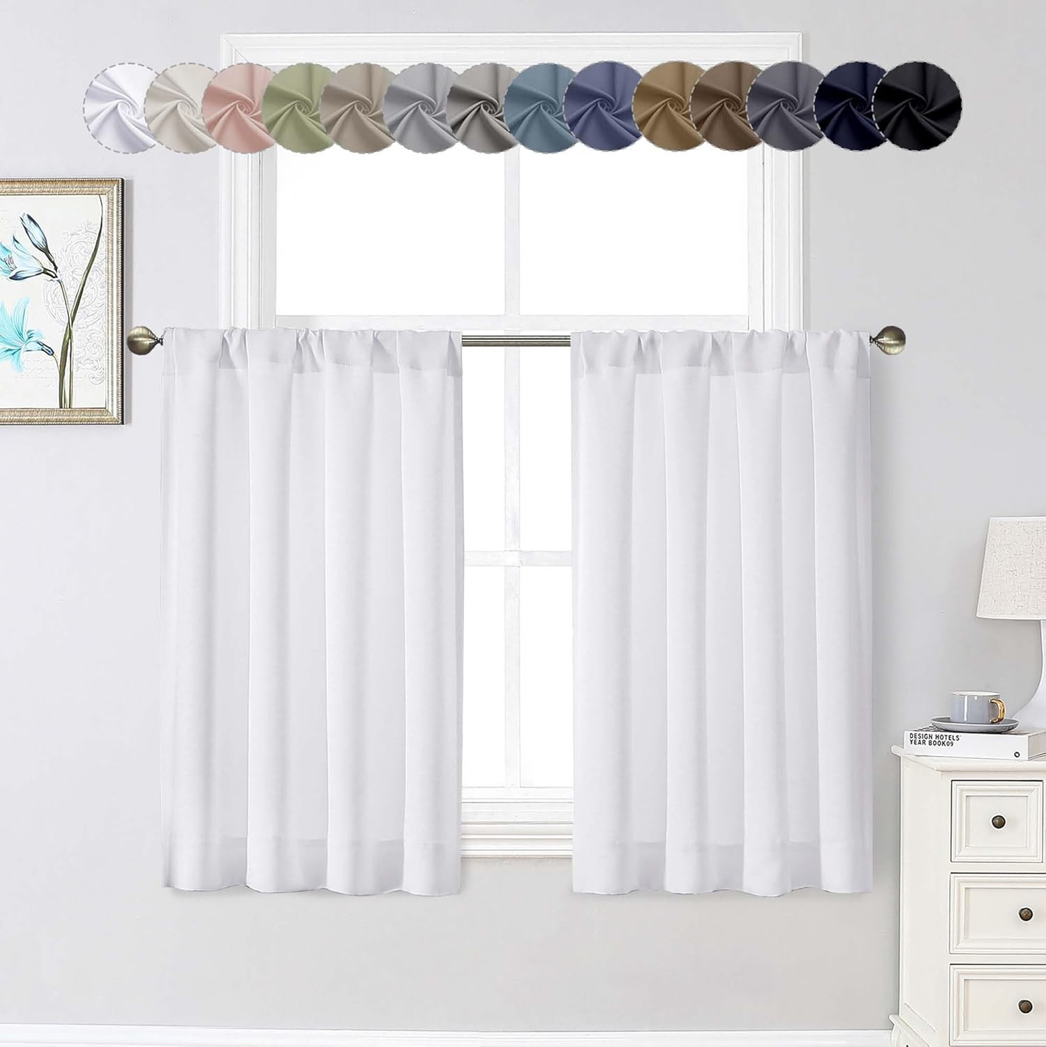 White Kitchen Curtains 36 Inch 2 Panel Light Filtering Rod Pocket Set
