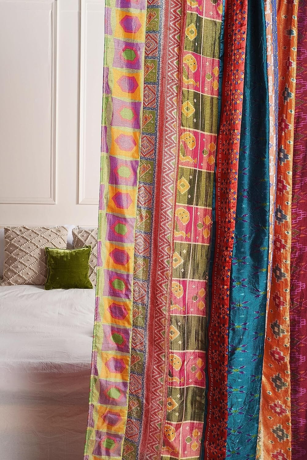 2 Pcs Indian Sari Patchwork Curtain Drape Window Decor Multi Silk Sari Curtain