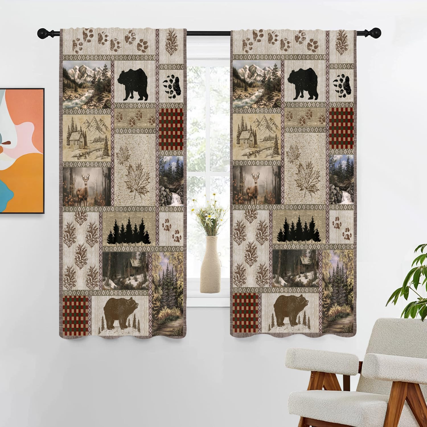 Rustic Farmhouse Curtains 42″ W X 63″ L Bear Deer Cabin Western Brown Country St