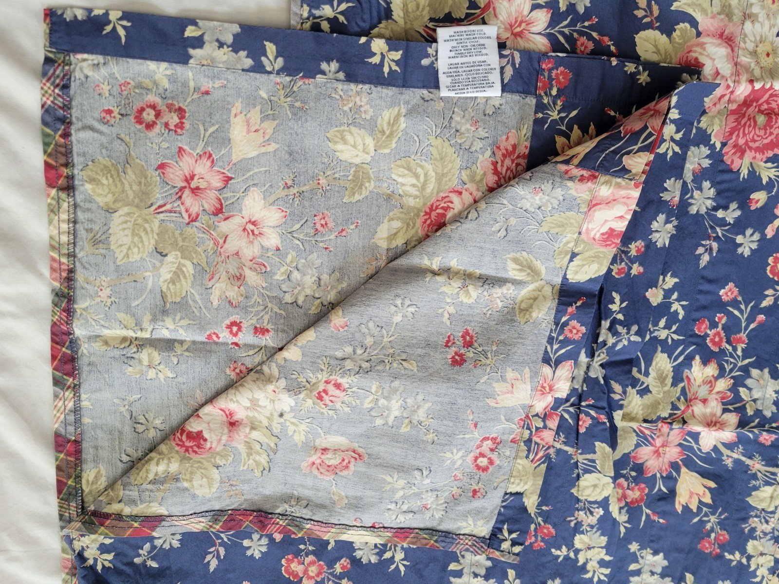 Chaps Home RL Cape Cod Floral w/ Plaid Trim 3 Valances 76″× 19″ Blue/Pink Roses