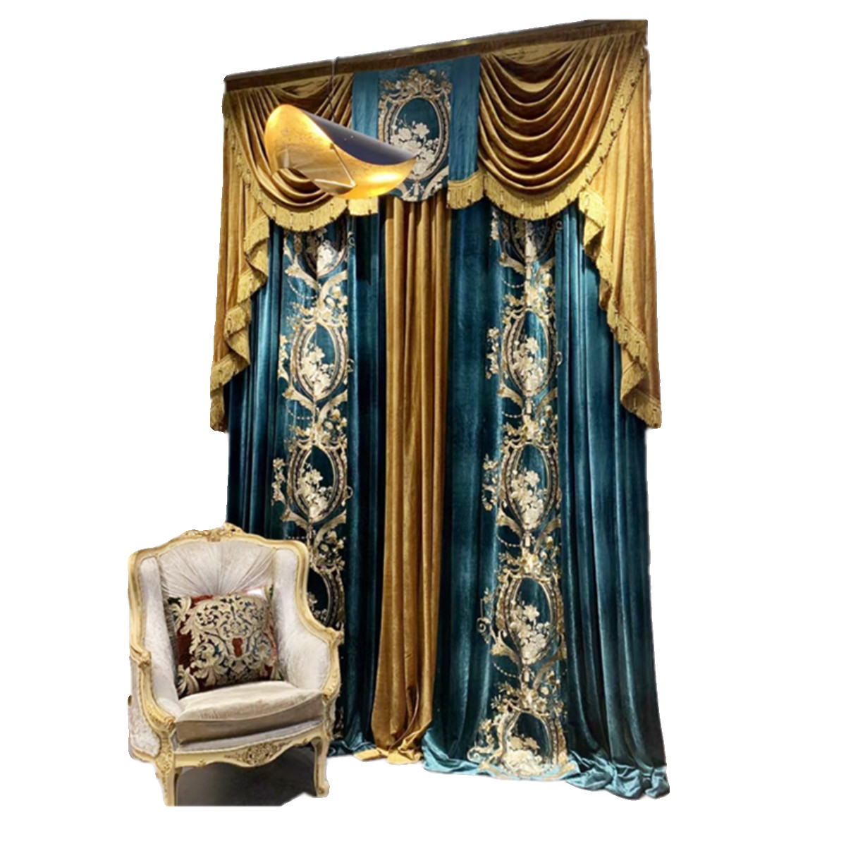 Custom American embroidery peacock blue velvet cloth valance curtain drape C1956
