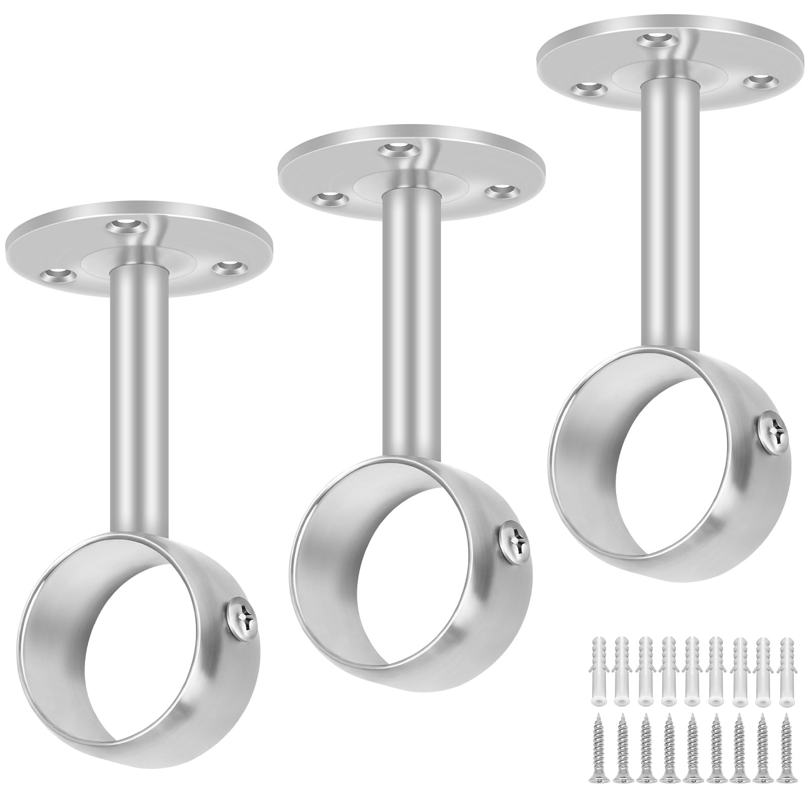 3 PCS Heavy Duty Silver Ceiling Mount Window Curtain Rod Bracket Hook 1 1/4 In