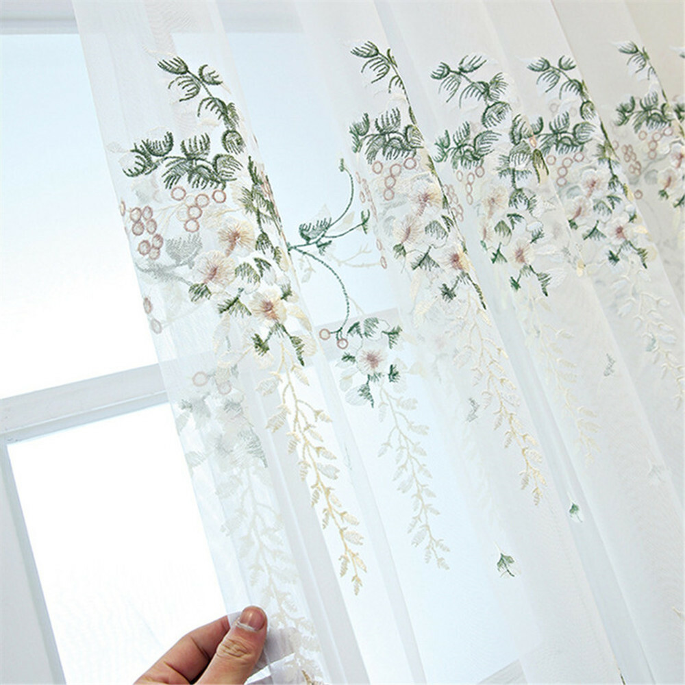 Floral Embroidered Sheer Curtain Elegant Tulle Voile Window Treatment 1 Piece