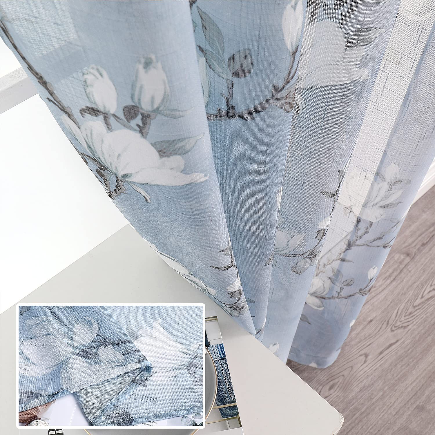 Blue Floral Semi Sheer Curtains 63 Inch 2 Panels