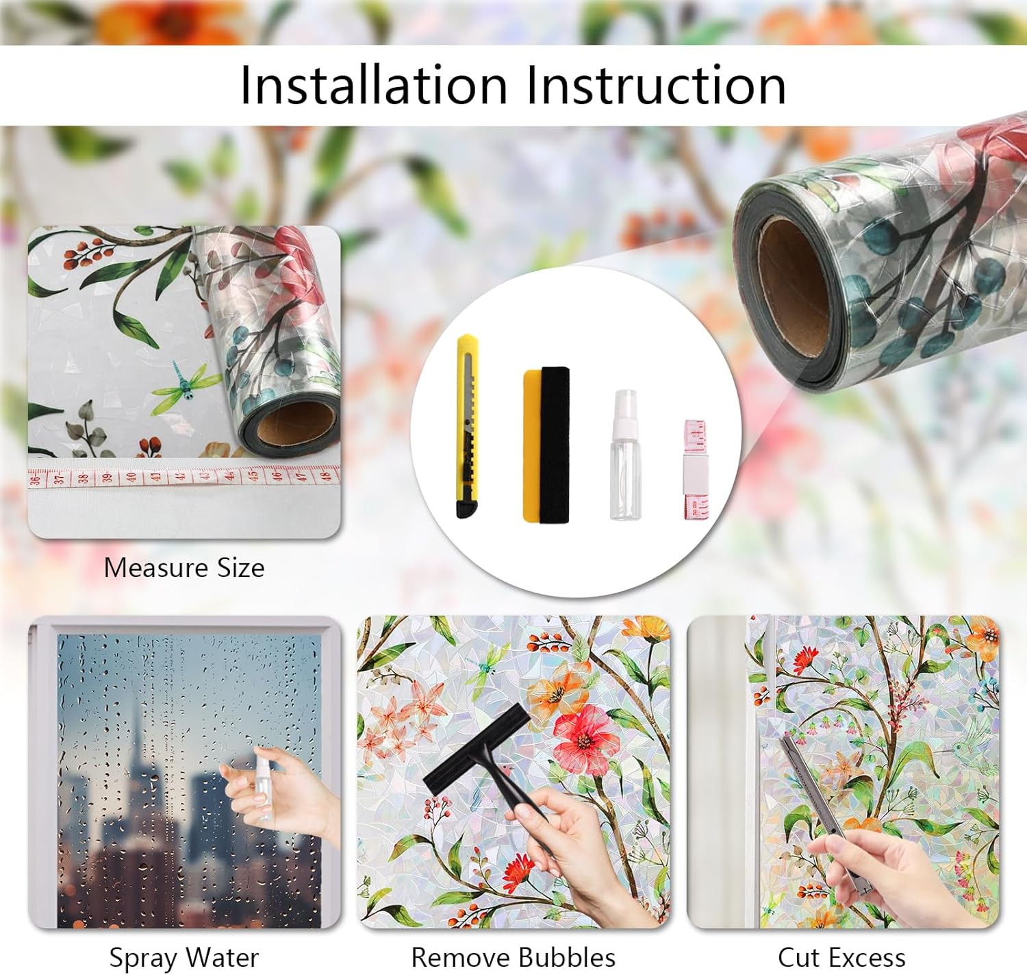 Window Privacy Film with Static Cling & 3D Rainbow Effect, Floral