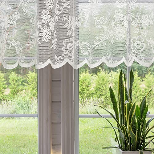Sheer Lace Valance for Kitchen Window Mesh Rod 60″W x 18″L (Pack of 1) White