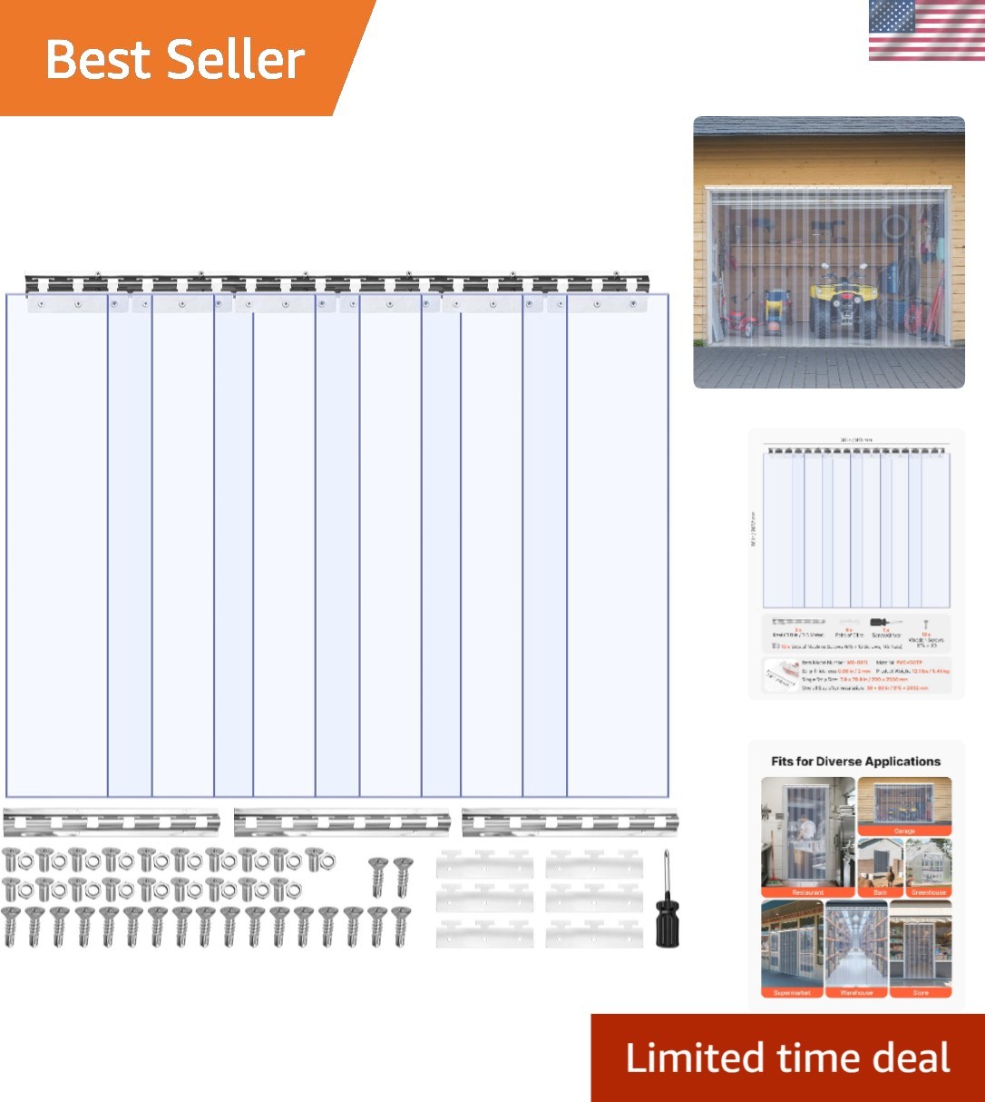 Clear PVC Strip Curtain, 80 in Height x 36 in Width x 0.08 in Thickness, 6 PC…