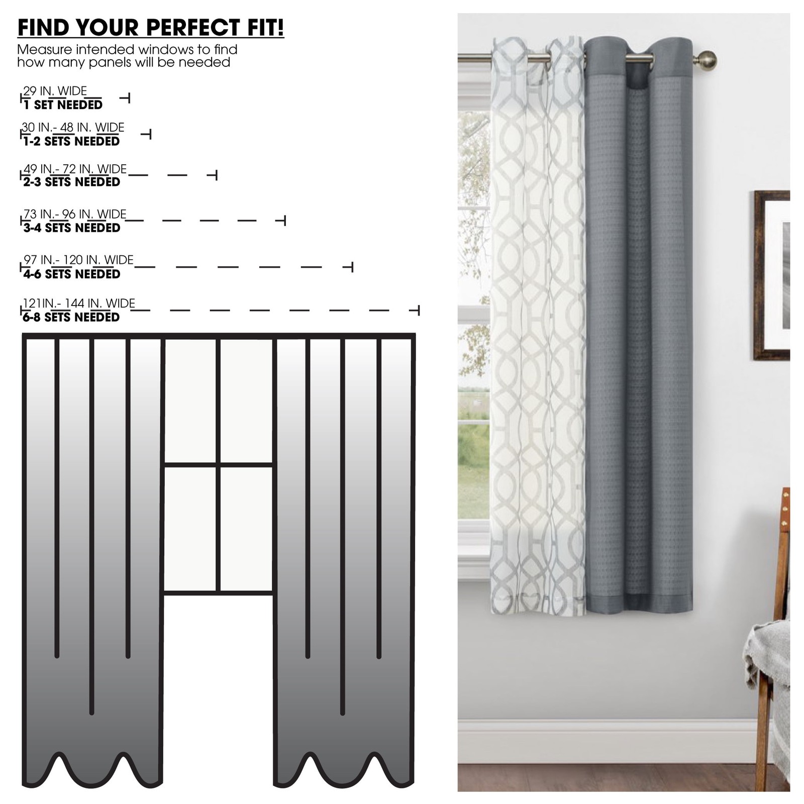 Kingswood Solid and Printed Sheer Grommet Curtain Panel Set, 4 Piece, Gray