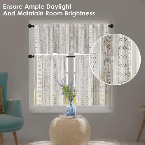 Boho Aztec Geometric Striped Beige Curtain Valance Tier Set 36 Inch 3 Piece