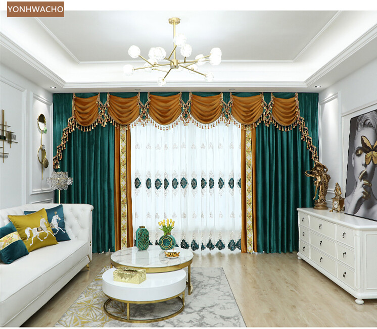 Nordic simplicity stitching velvet green cloth blackout curtain valance C377
