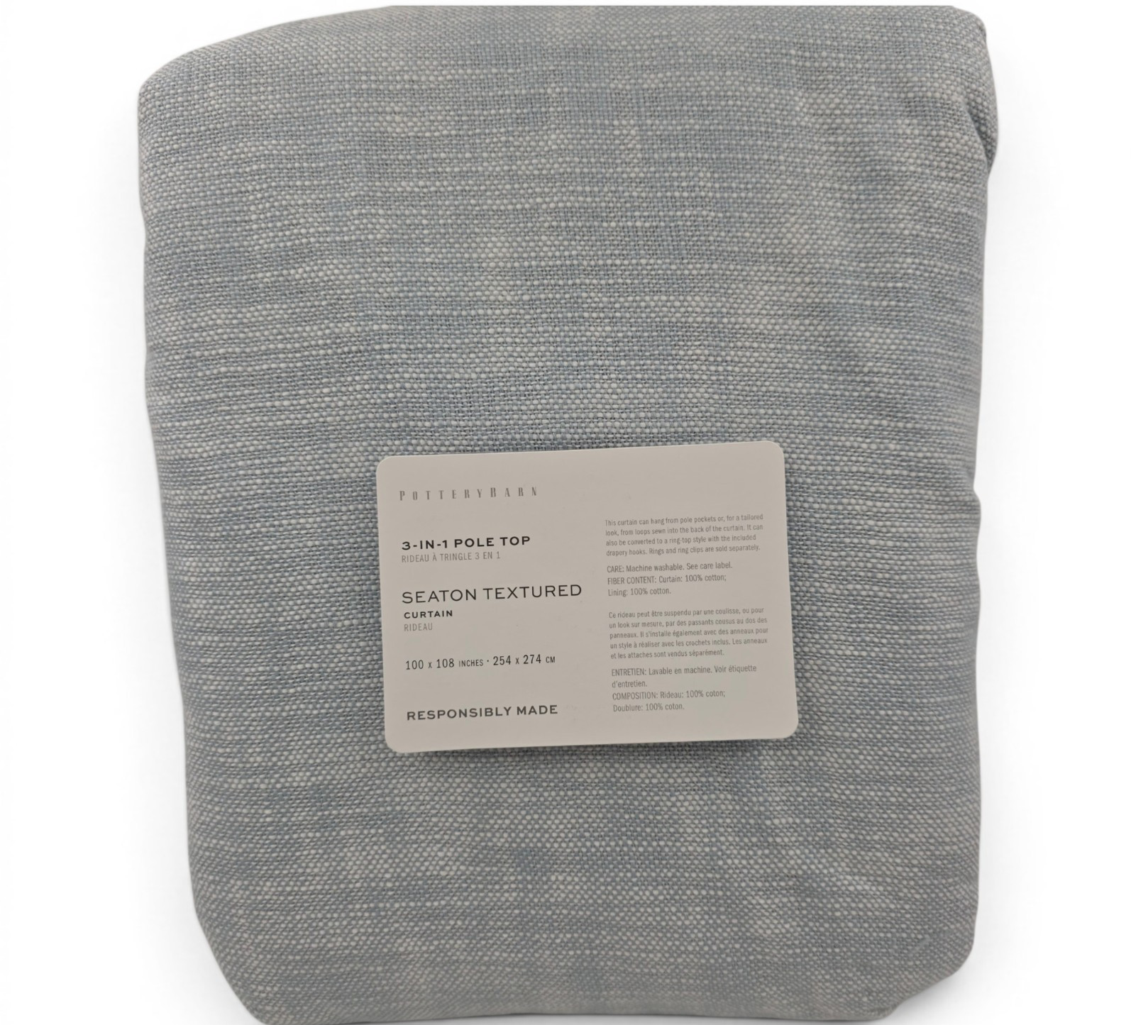 Pottery Barn Seaton Textured Cotton Curtain Panel 100×108 Mineral Blue Lined