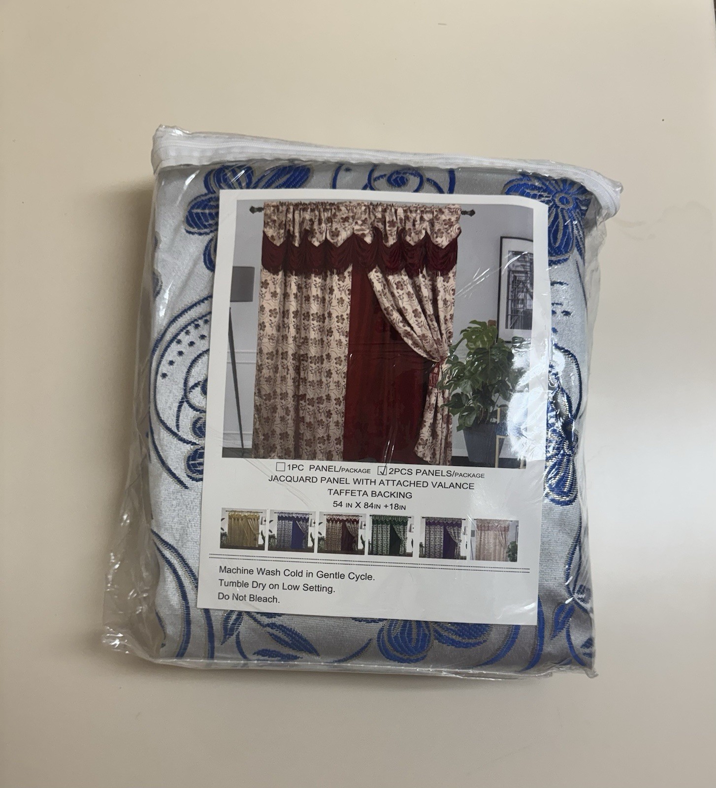 Jacquard Panel Curtains with Attached Valance, Multi-Color, 2 Piece Set