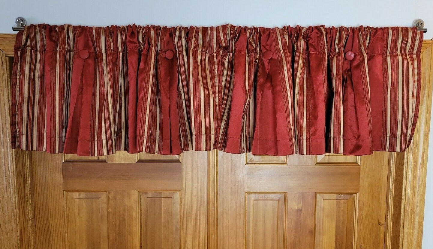 2 Waverly Red Gold Faux Silk Chenille Stripe Valances Tailored Button 52×15 each