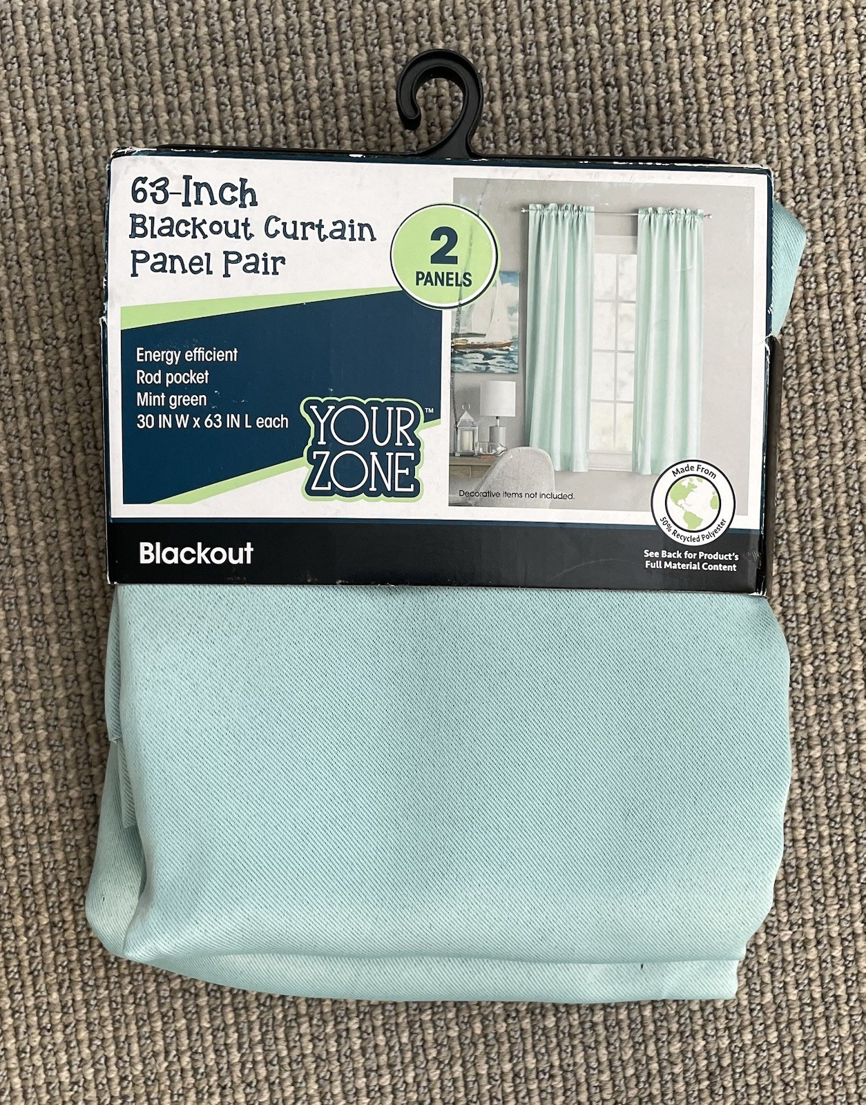 Your Zone Mint Green Blackout Rod Pocket Curtain Panel Pair 30″W x 63”L 2 Panels