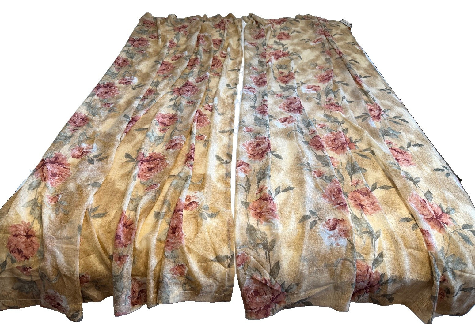 Antique Rose Nature/Floral Crinkle Sheer 1.5″ Rod Pocket 52×85 Curtain 2 Panels