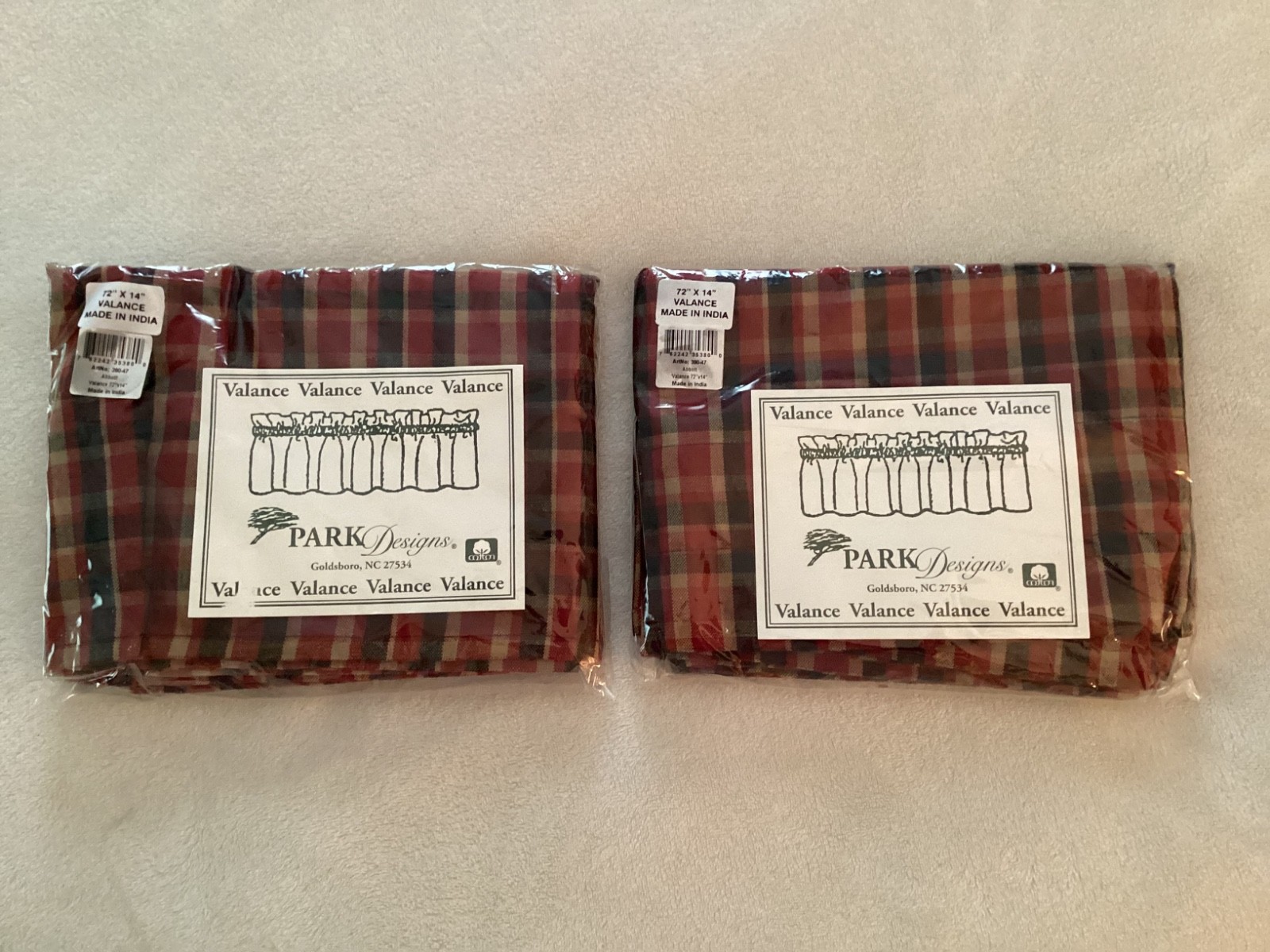2 NEW PARK DESIGNS “ABBOTT” VALANCES 72 X 14 RED, BLACK, TAN PLAID FARMHOUSE