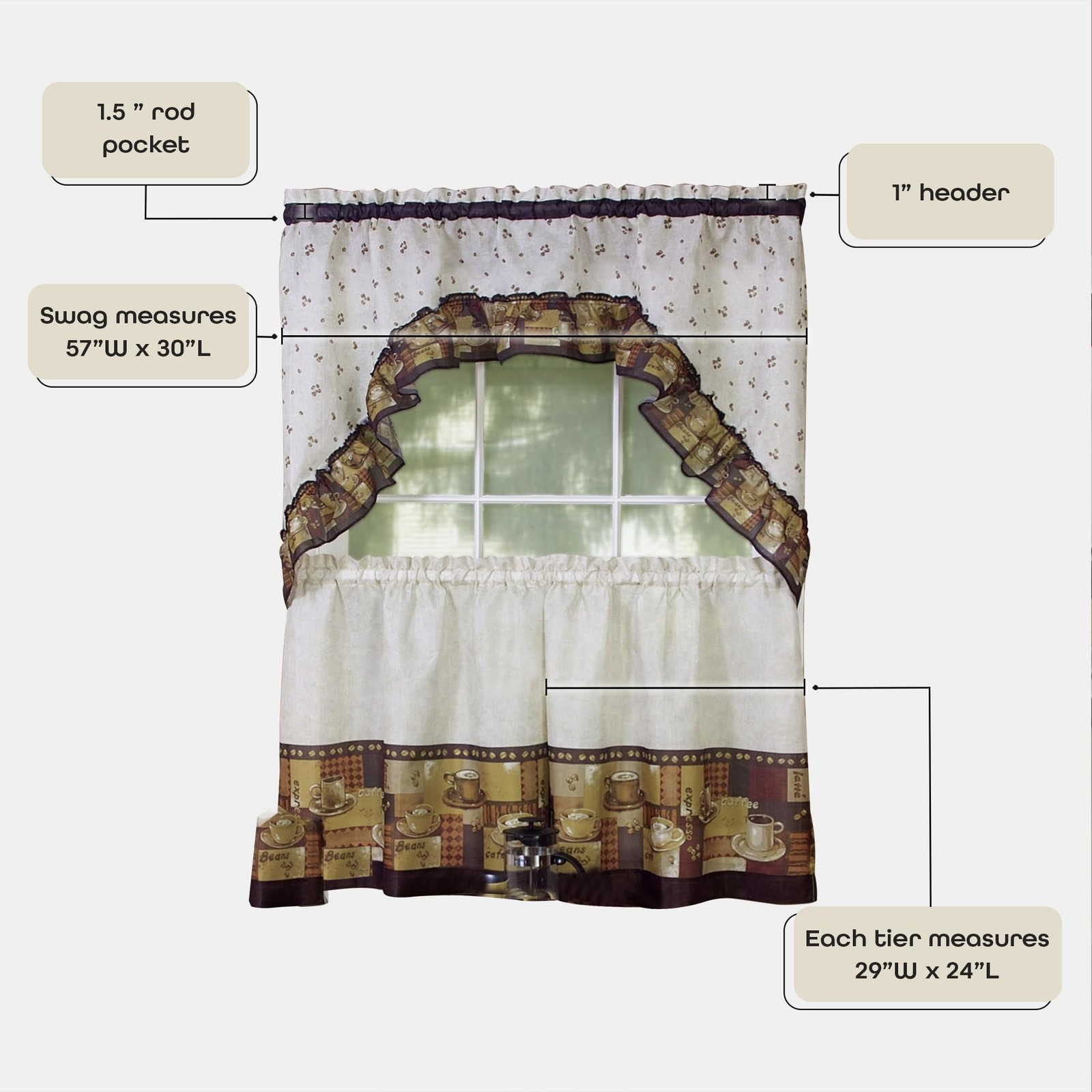 Embellished Tier and Swag Window Curtain Set – 57 Inch Width, 24 Inch Length …