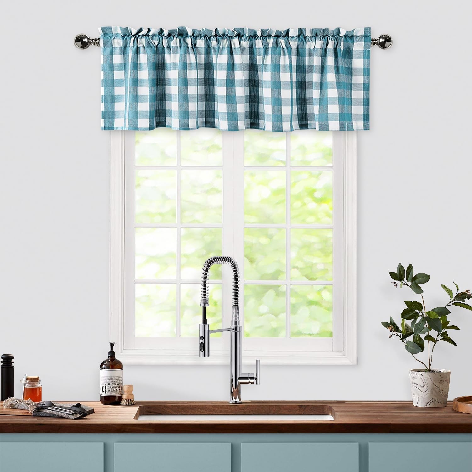 Teal Dark Blue Buffalo Check Valance for Kitchen, Plaid Gingham Farmhouse Thick