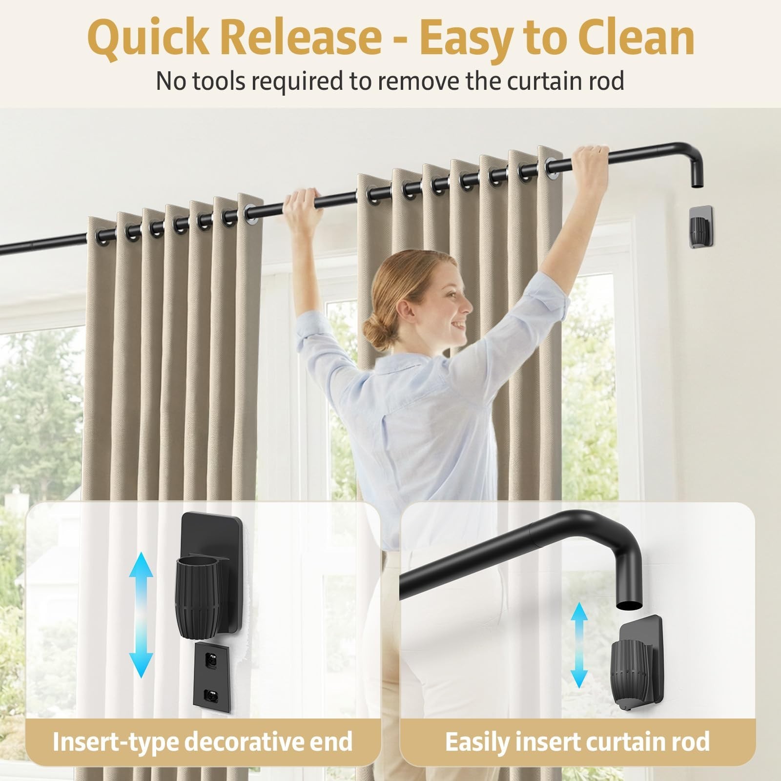 Black Curtain Rods for Windows 48 to 84 Inches, Quick-Release 1″ Adjustable B…
