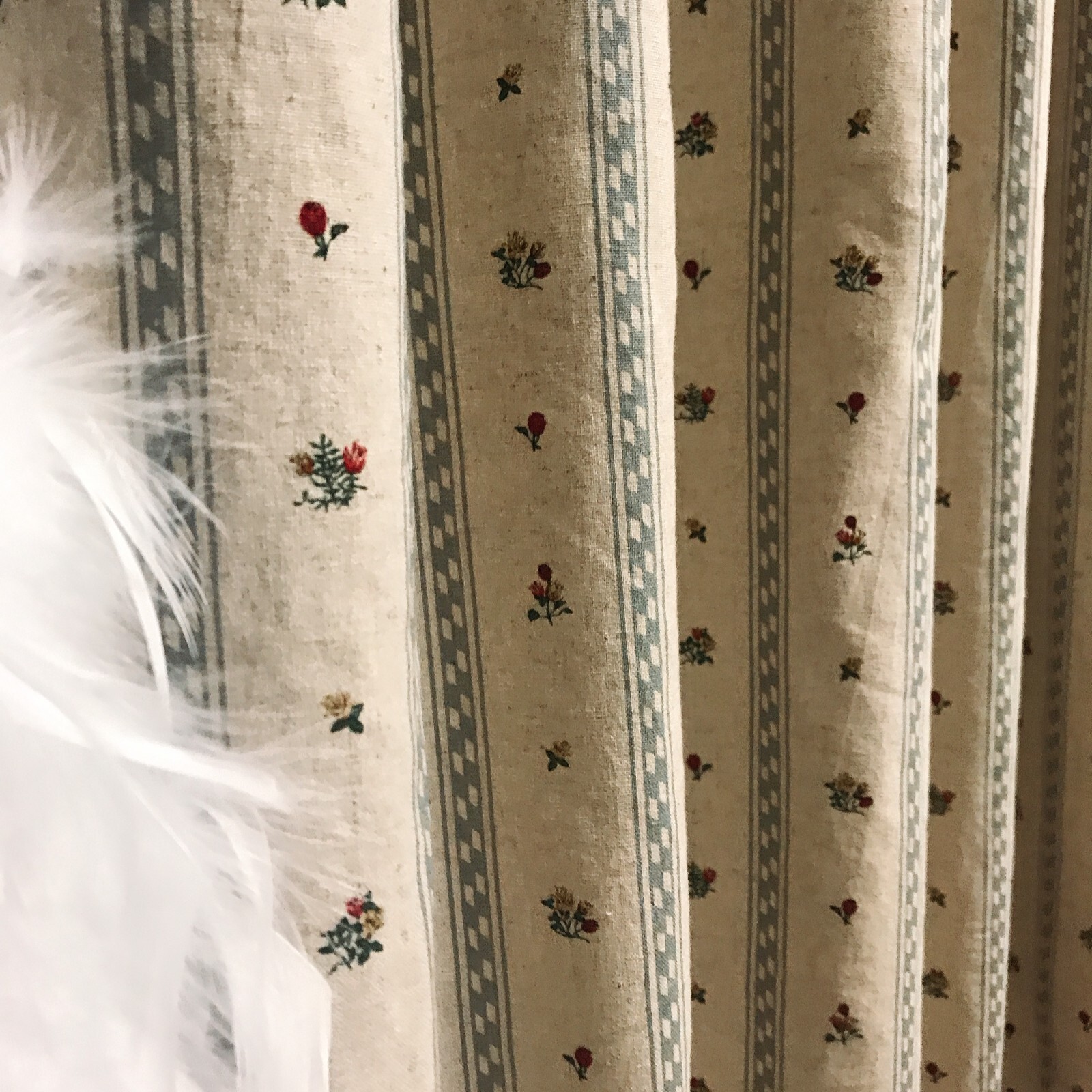 Modern Vintage Handmade Grayish Blue Vertical Stripes Tiny Floral Beige Curtain