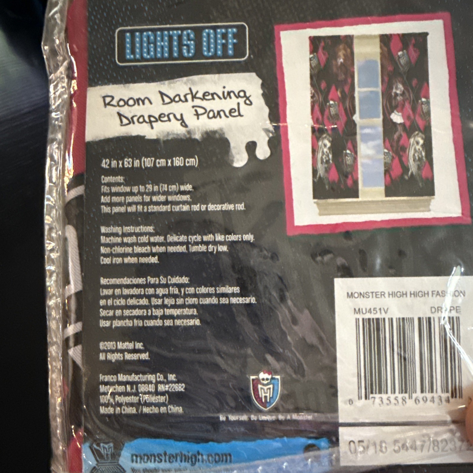 Monster High branded Room Darkening Drapery Panel Frankie Stein – NEW Item