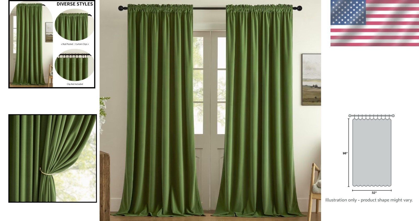 Olive Green Velvet Thermal Insulated Curtains | 2 Panels, 96 inch Length