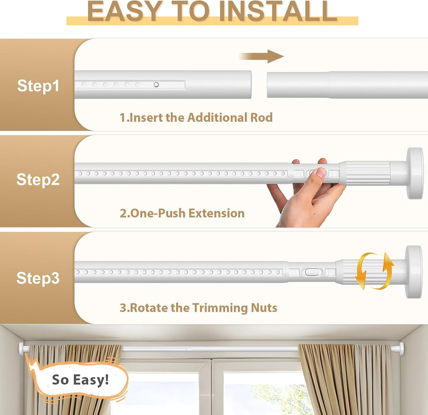 White Tension Curtain Rod 41-126In(4-10Ft), Long Outdoor Curtain Rod No Drilling