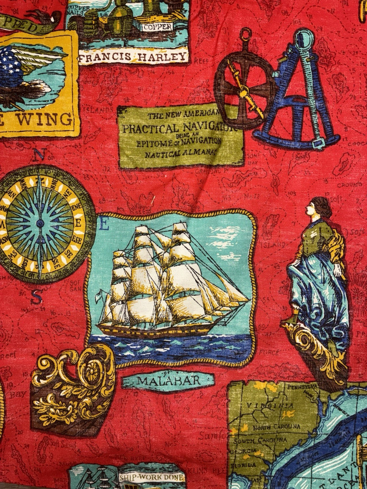 Curtain Drapery One Panel Red Whaling New England Nautical 80×24 60s 70s Vintage