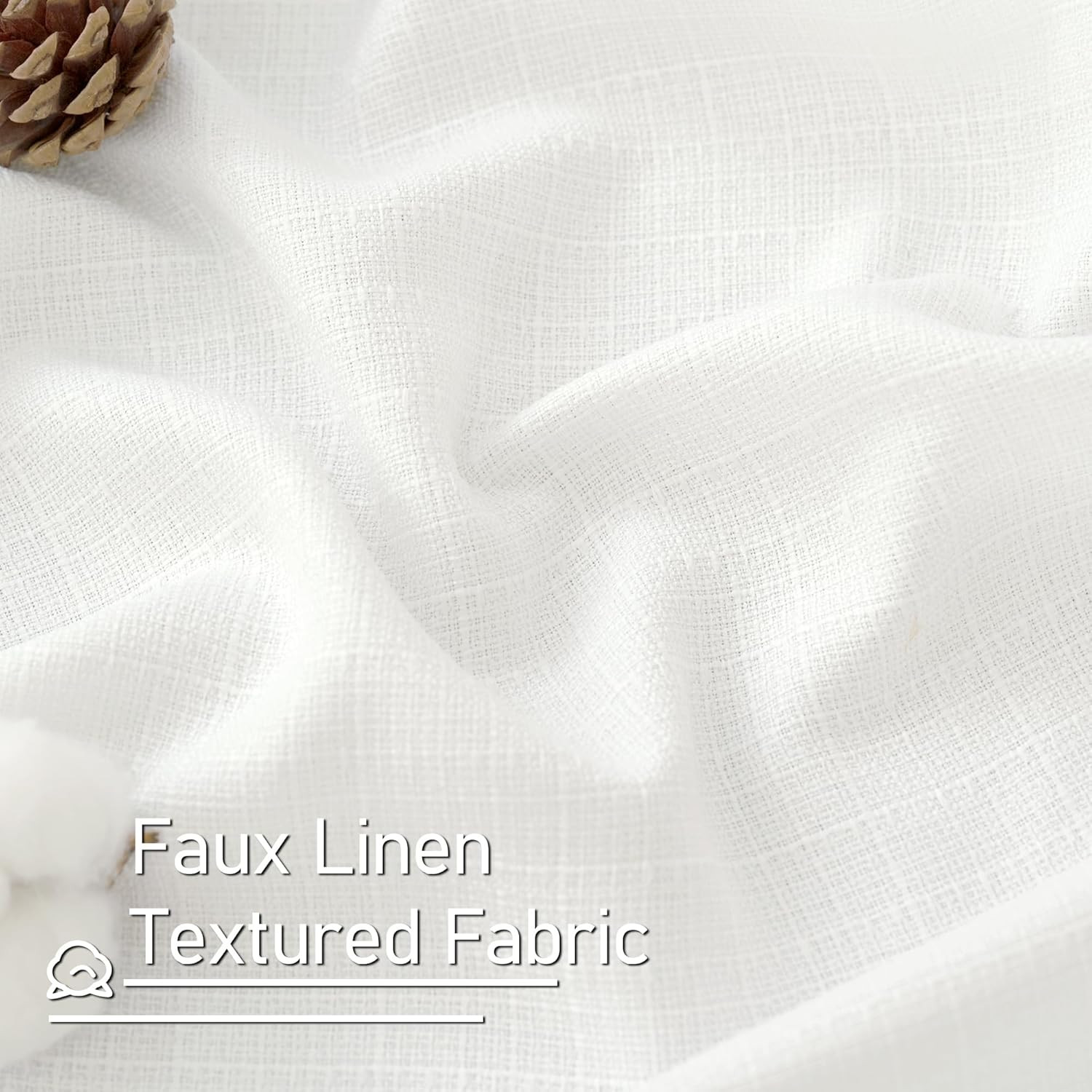 White Linen Curtains 40 Inch Length for Kitchen Windows over Sink, Linen Texture