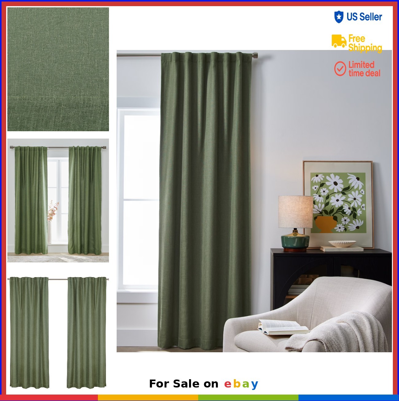 100 Percent Blackout Linen Blend Curtain Single Panel 50×95 Dark Cilantro Rod