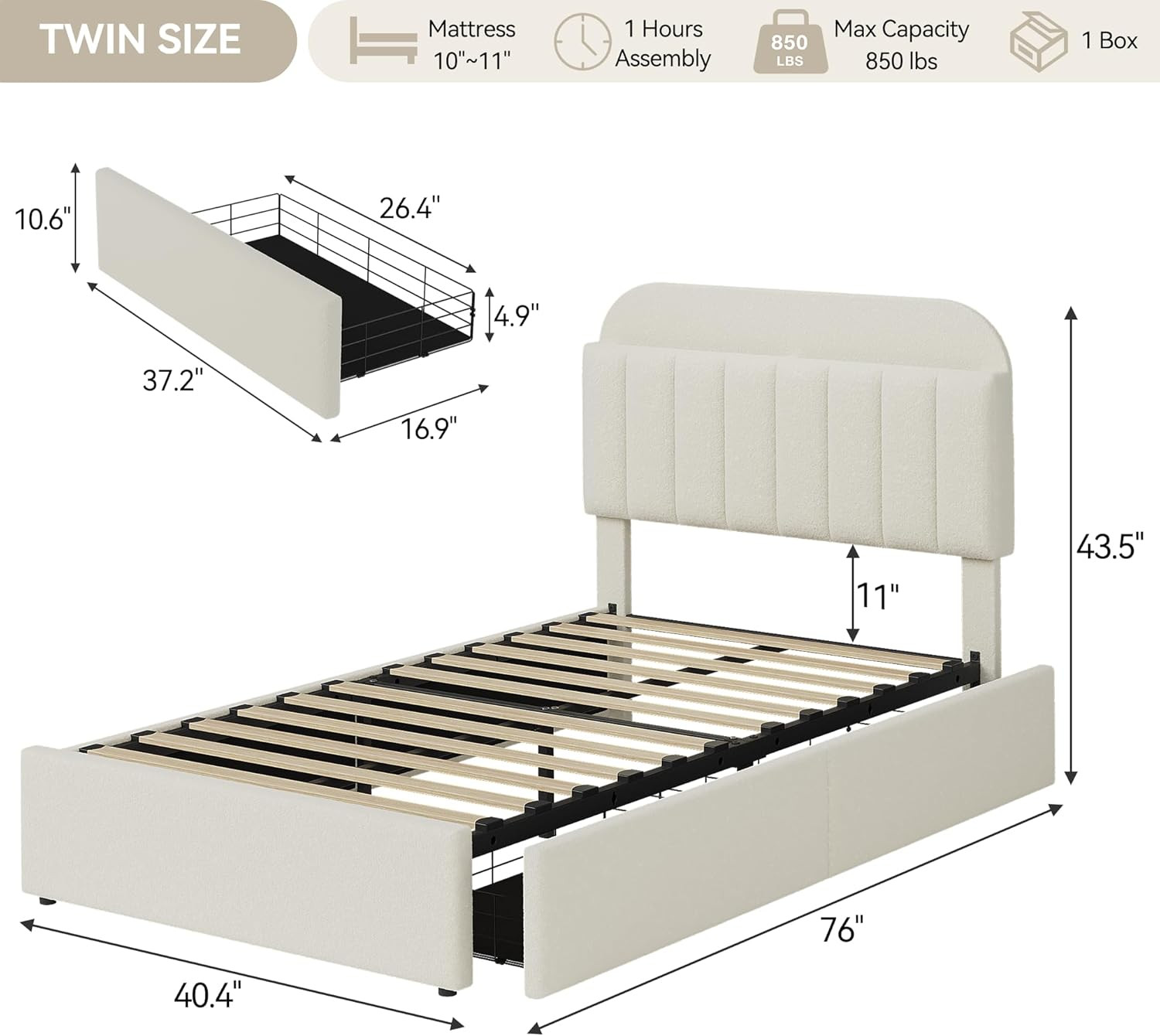 Ivory White Twin Bed Frame with Storage Headboard & Drawers, Easy Assembly