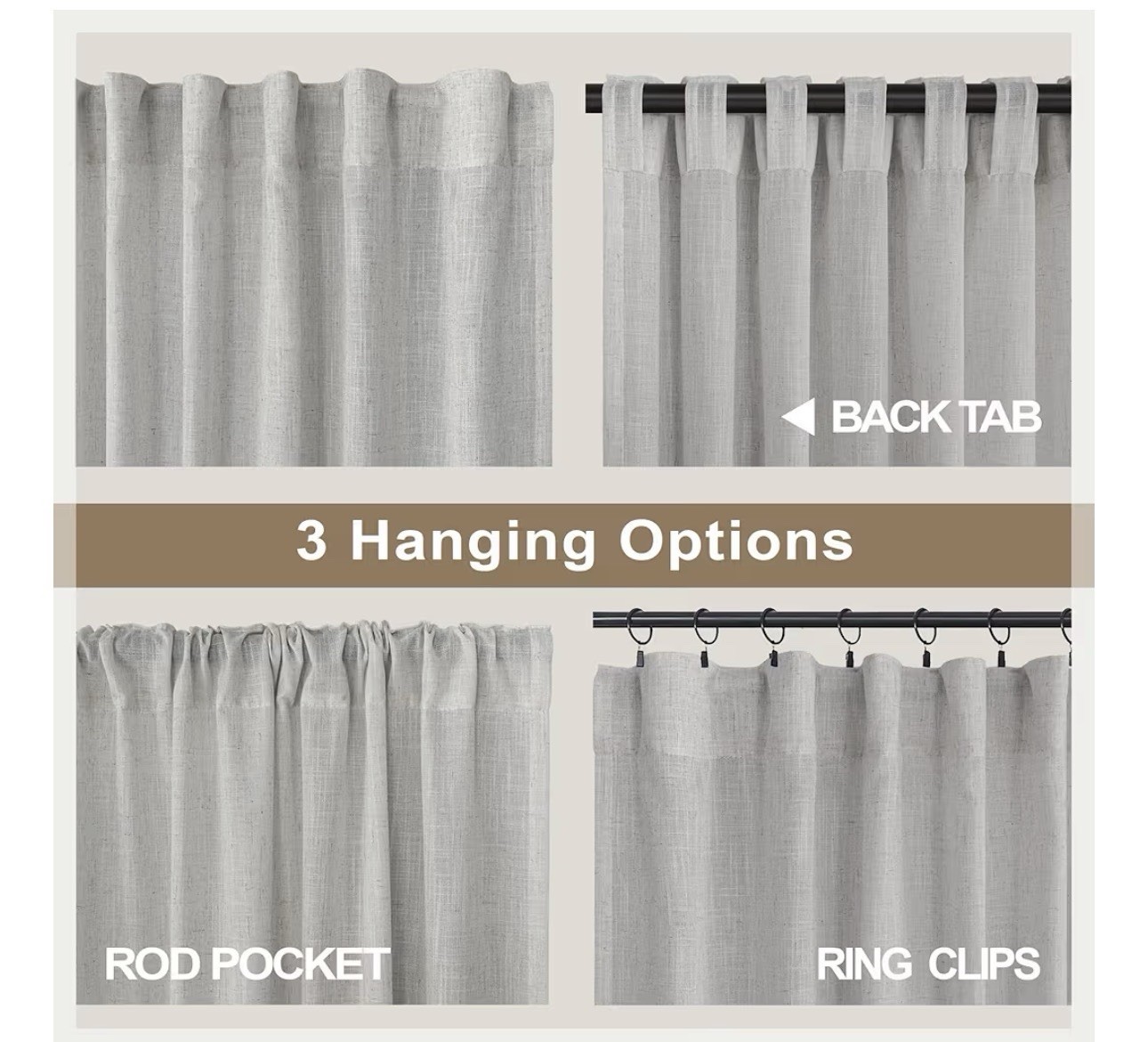 Light Gray Linen Light Filtering Curtain Panels 102 in, 2, Back Tab Rod Pocket
