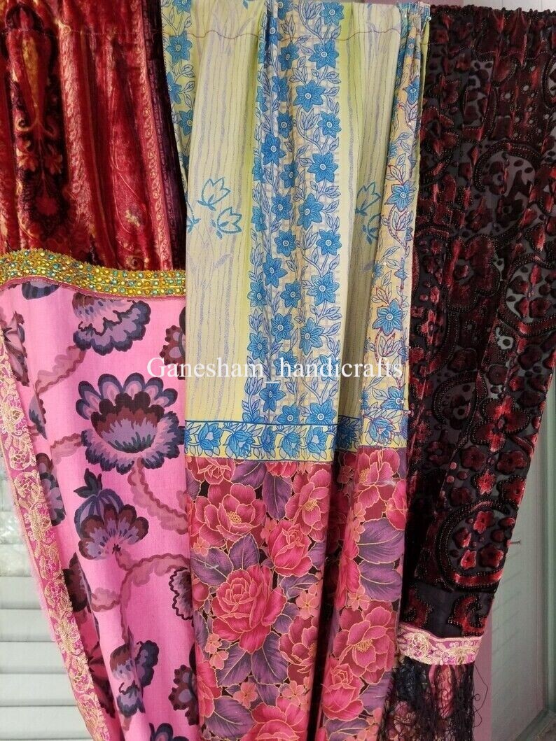 Indian Old Recycle Silk Saree Boho Multi Curtain Door Drape Decor Curtain 2Pc