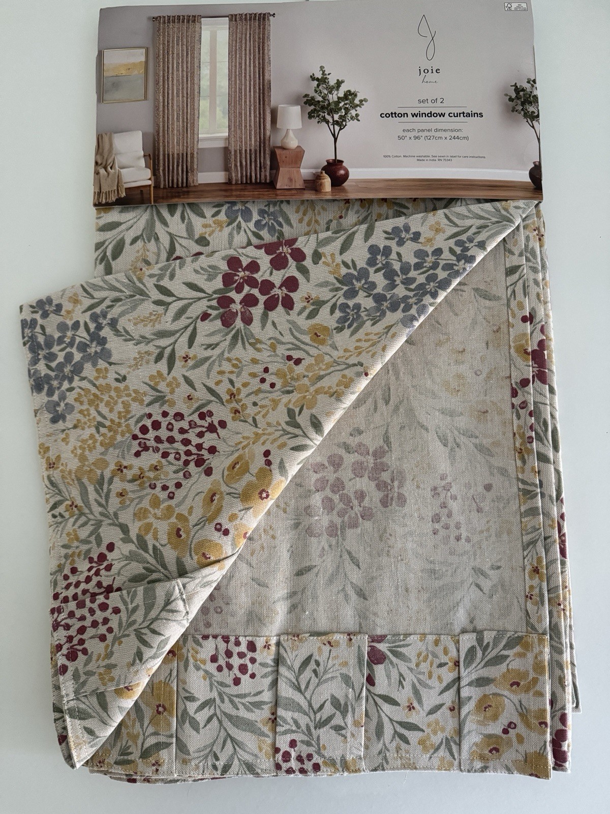 Joie Window Curtains 2 Panels 50 x 96″ Cotton Wildflower Cream Drapers Back Tab