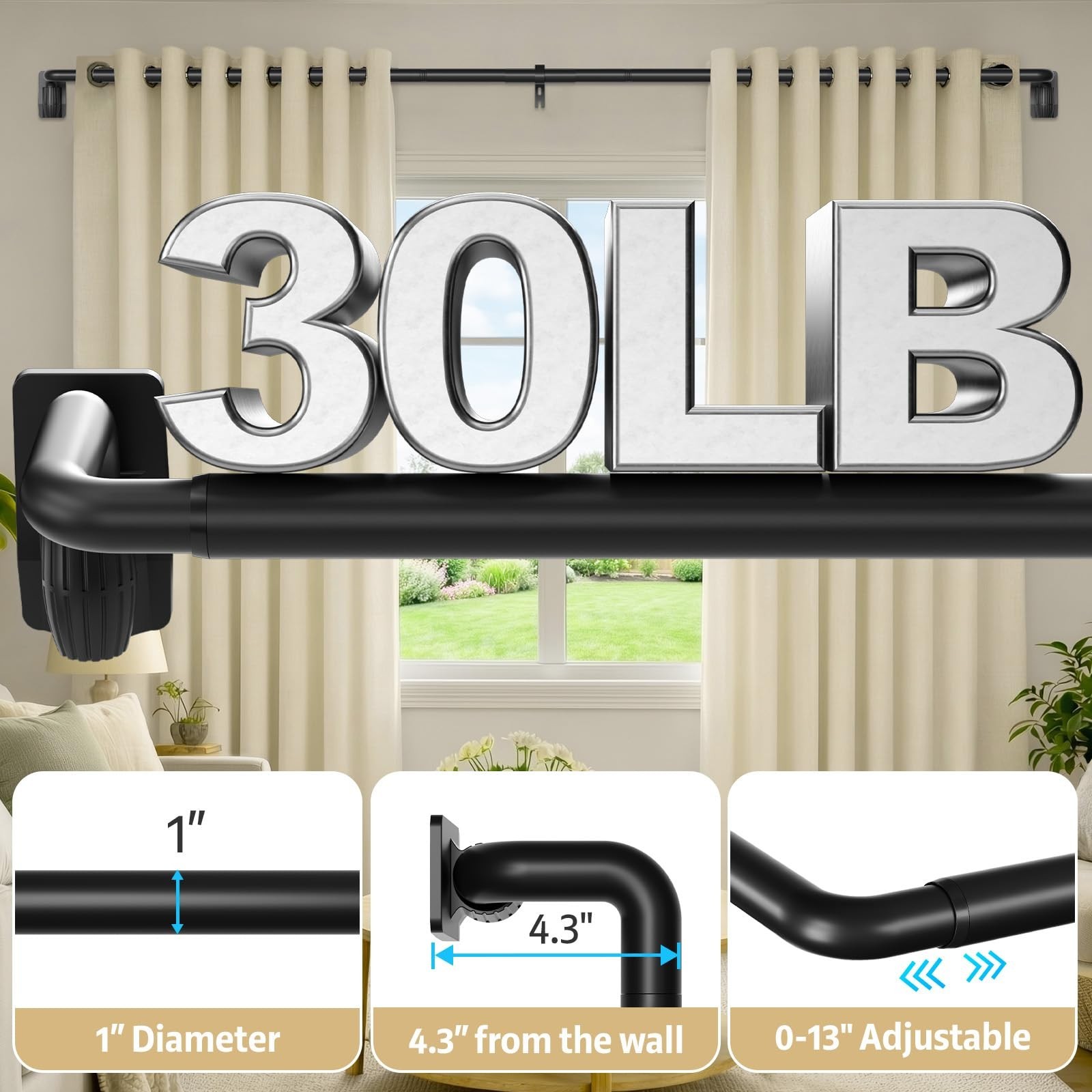 Black Curtain Rods for Windows 48 to 84 Inches, Quick-Release 1″ Adjustable B…
