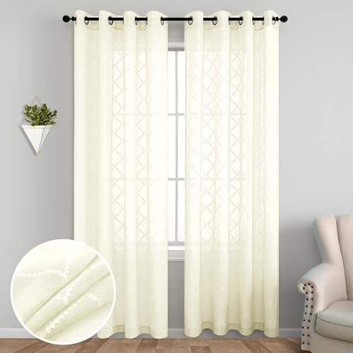 Solid Lattice Diamond Embroidery Faux Line 52″W x 96″L (Pack of 2) Cream Beige