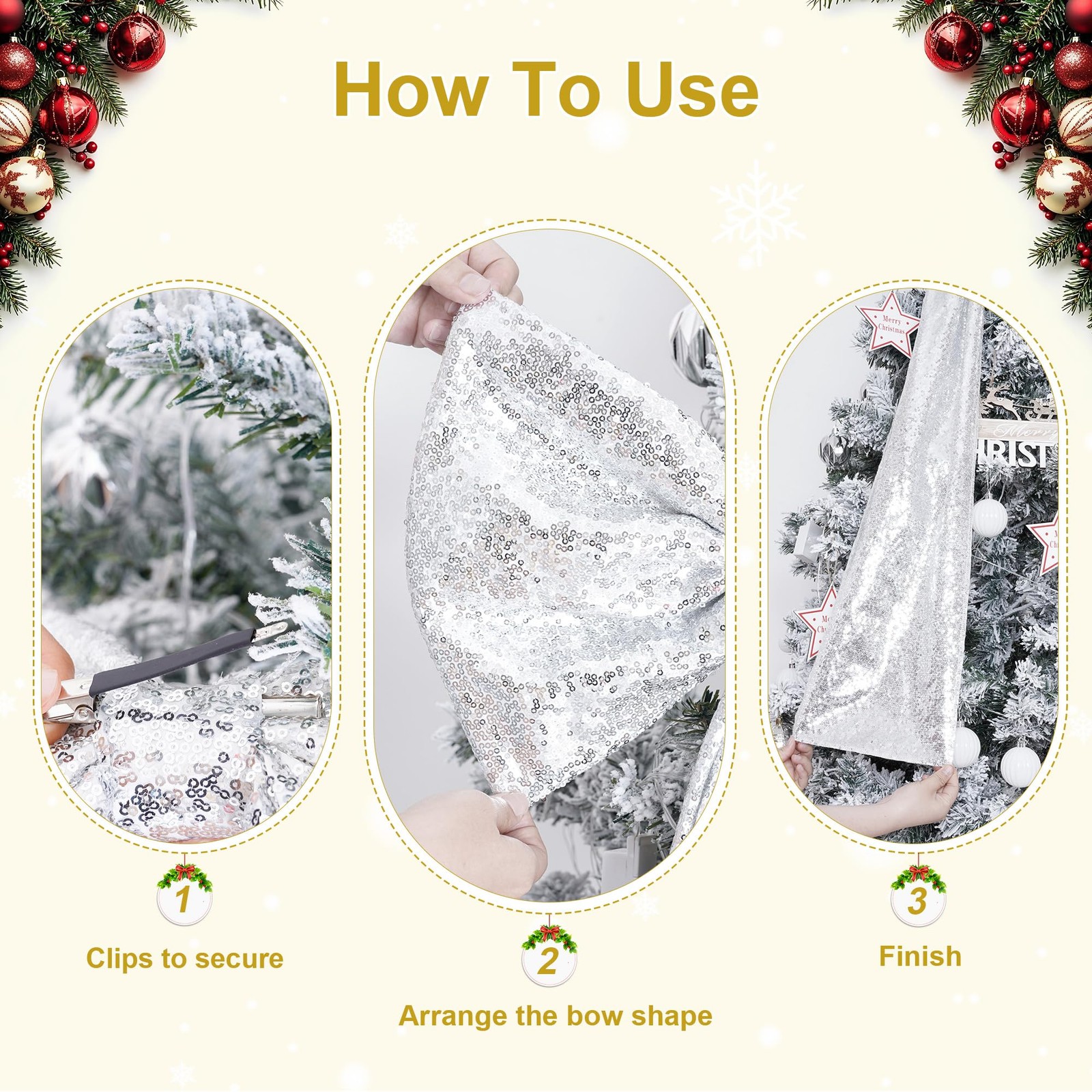 Christmas Tree Topper Bow Decor Giant Silver Sequin 16×47 Inch Ribbon Tie
